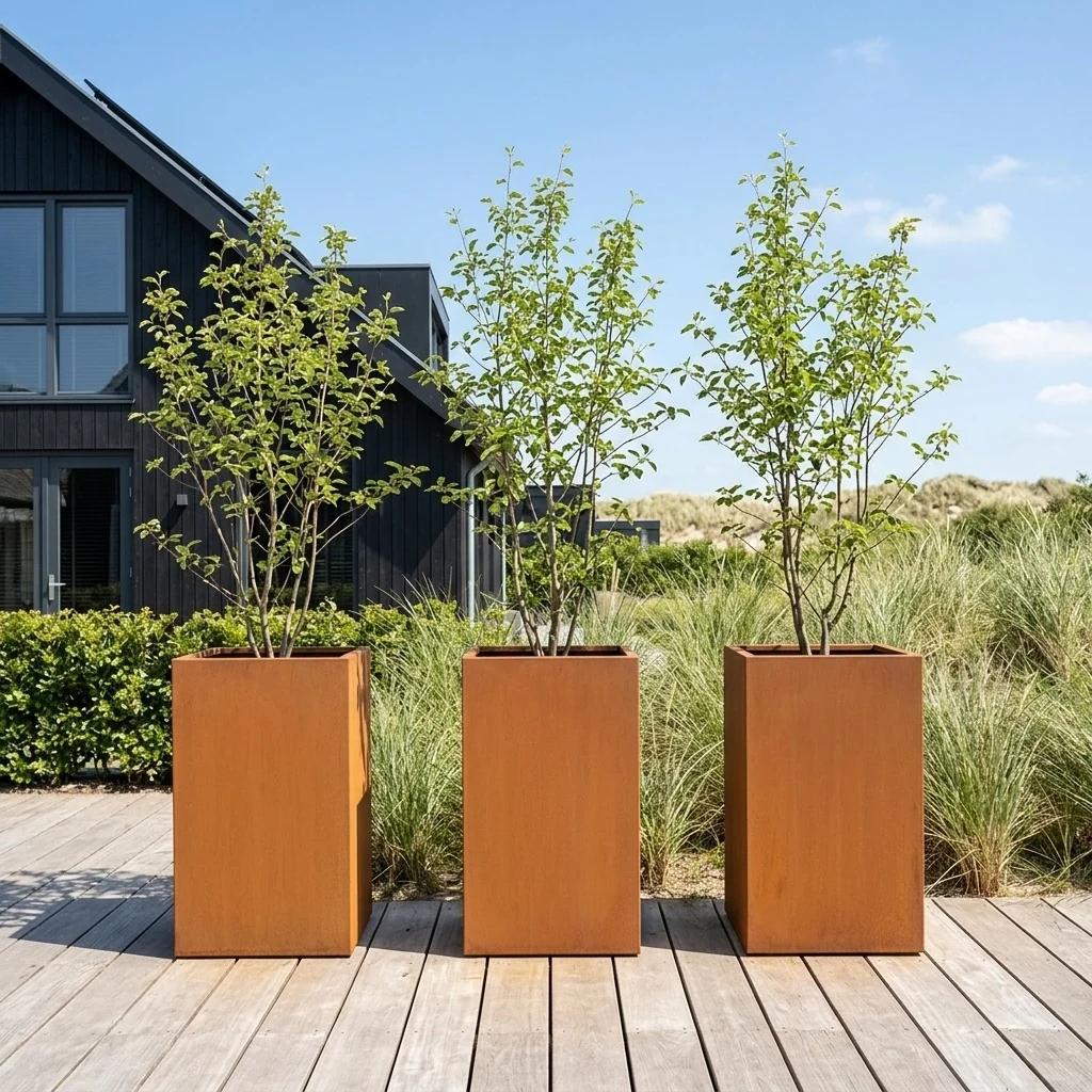 Corten terasest lillekast - Ruut - 50 x 50 x 80 cm - Põhjalauaga - Ratastega