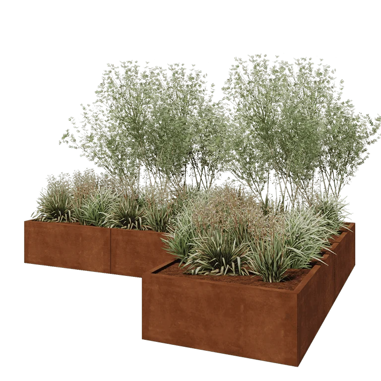 Corten terasest lillekast - L-kuju - 300 x 200 x 40 cm - Põhjalauaga