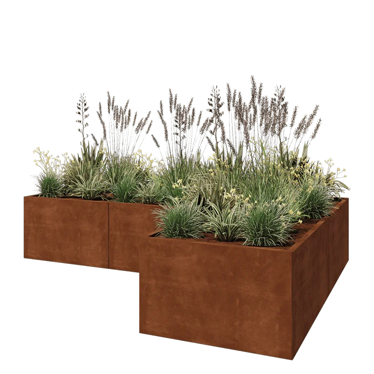 Corten terasest lillekast - L-kuju - 300 x 200 x 60 cm - Põhjalauaga