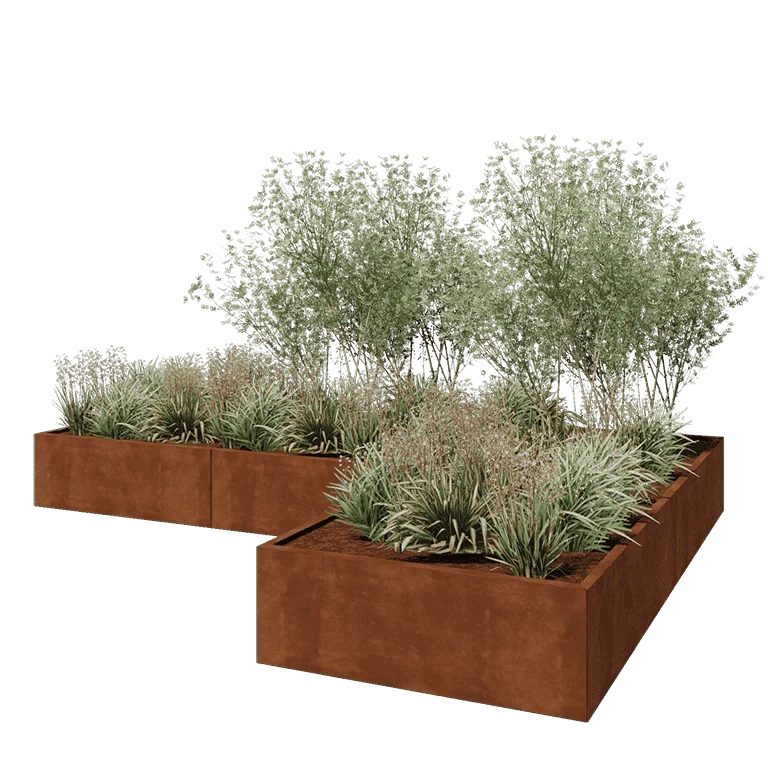 Corten terasest lillekast - L-kuju - 360 x 240 x 40 cm - Põhjalauaga