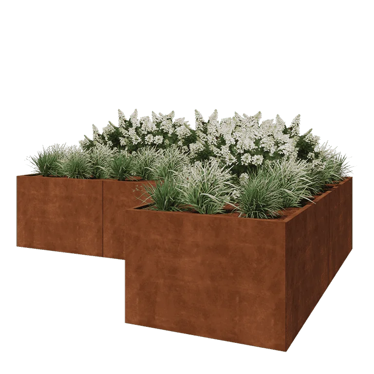 Corten terasest lillekast - L-kuju - 360 x 240 x 80 cm - Põhjalauaga