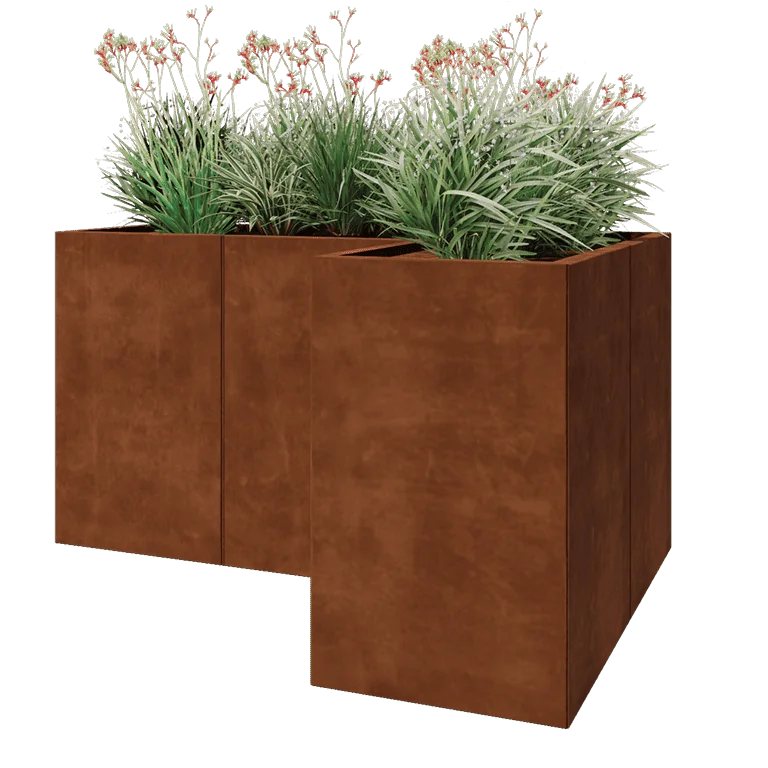 Corten terasest lillekast - L-kuju - 150 x 100 x 80 cm - Põhjalauaga