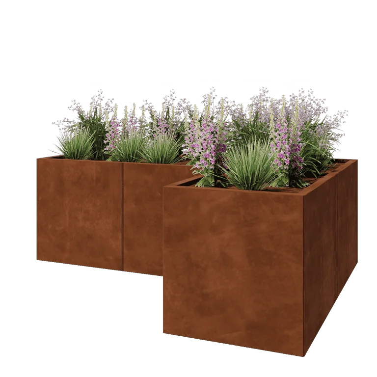 Corten terasest lillekast - L-kuju - 180 x 120 x 60 cm - Põhjalauaga