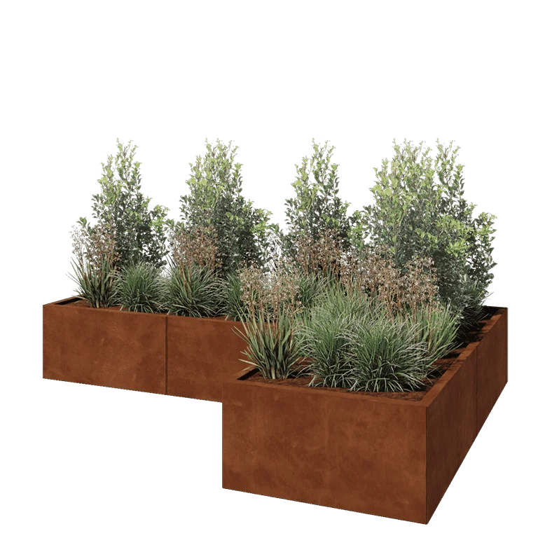 Corten terasest lillekast - L-kuju - 240 x 160 x 40 cm - Põhjalauaga