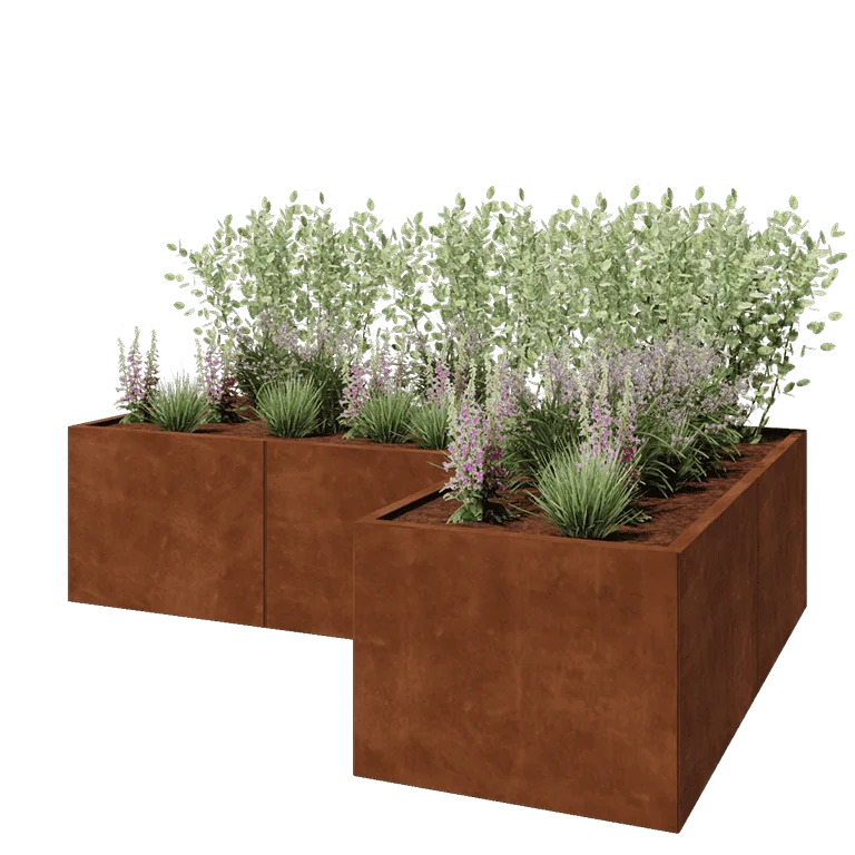 Corten terasest lillekast - L-kuju - 240 x 160 x 60 cm - Põhjalauaga