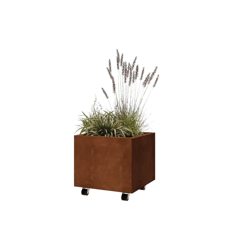 Corten terasest lillekast - Ruut - 50 x 50 x 40 cm - Põhjalauaga - Ratastega