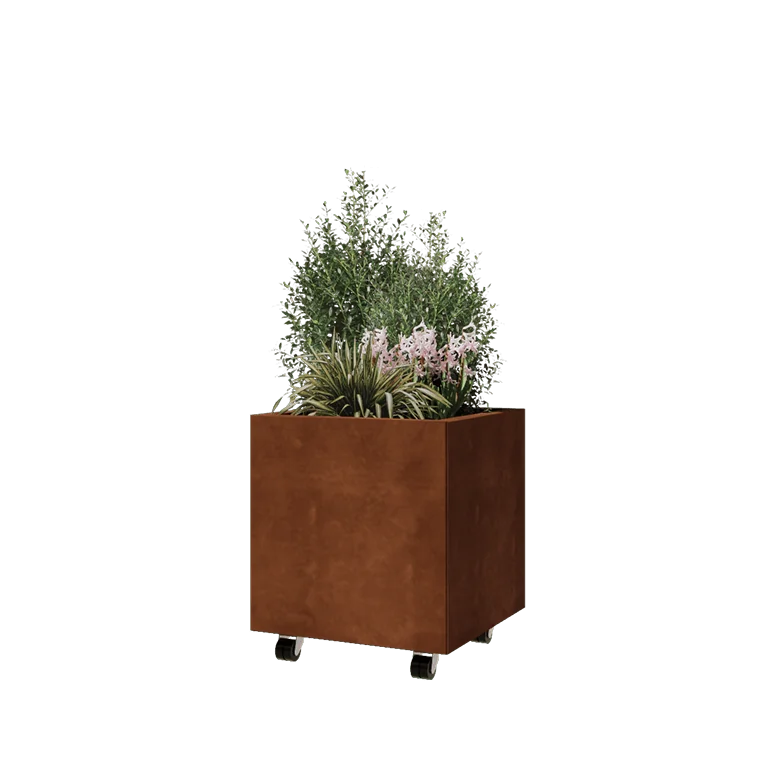 Corten terasest lillekast - Ruut - 50 x 50 x 50 cm - Põhjalauaga - Ratastega