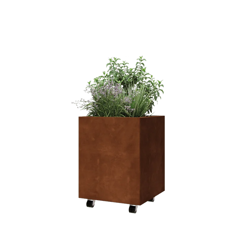 Corten terasest lillekast - Ruut - 50 x 50 x 60 cm - Põhjalauaga - Ratastega