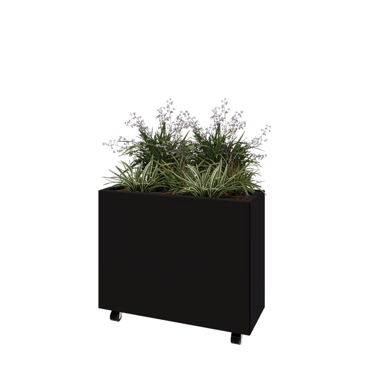 Terasest lillekast - Ristkülik - 80 x 30 x 60 cm - RAL9005 matt (must) - Põhjalauaga - Ratastega