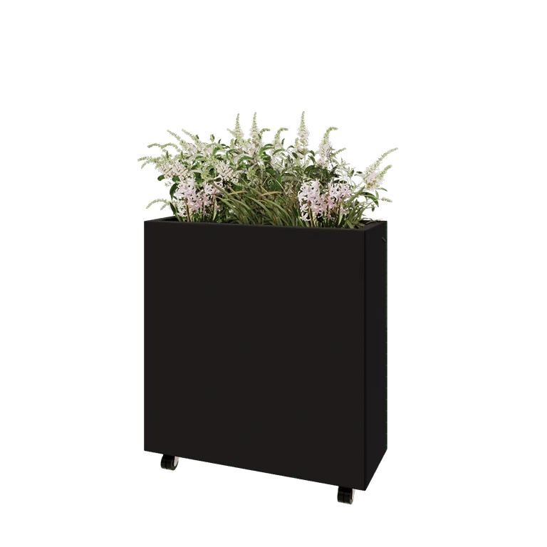 Terasest lillekast - Ristkülik - 80 x 30 x 80 cm - RAL9005 matt (must) - Põhjalauaga - Ratastega